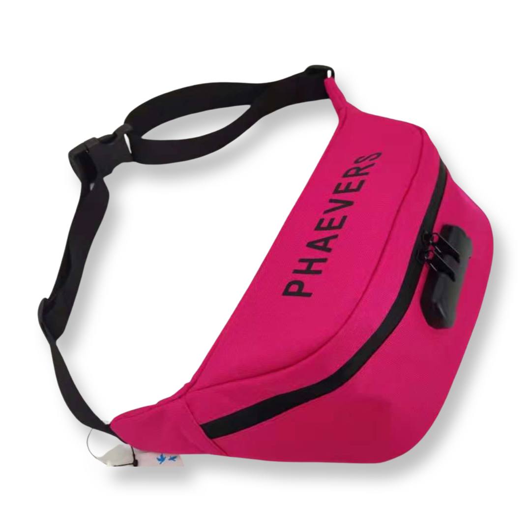 PHAEVERS Lockable Carbon-Lined Crossbody Belt Bag – Odor-Resistant, Travel-Ready, 11x4x3 in – Black & Pink