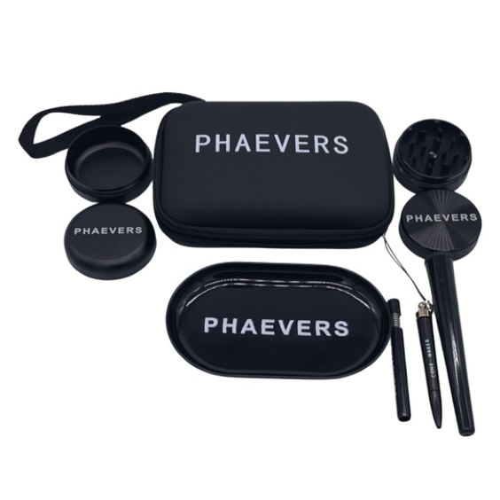 PHAEVERS SET Smell Proof Kit with Grinder, Tray, Jar, Cone Roller, Cone Maker & Pipe β All Black, 5.5x4x1 in