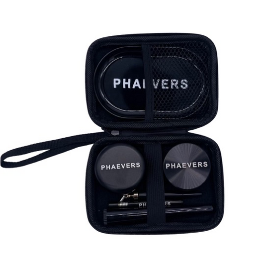 PHAEVERS SET Smell Proof Kit with Grinder, Tray, Jar, Cone Roller, Cone Maker & Pipe β All Black, 5.5x4x1 in