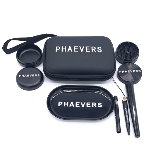 PHAEVERS SET Smell Proof Kit with Grinder, Tray, Jar, Cone Roller, Cone Maker & Pipe – All Black, 5.5x4x1 in